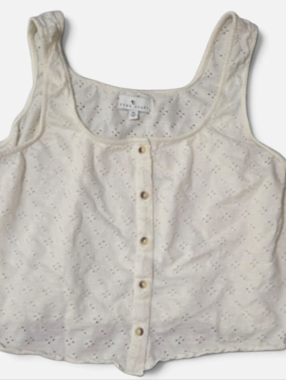 True Craft White Eyelet Button Front Crop Tank Top XL Cottagecore Boho 17" PTP